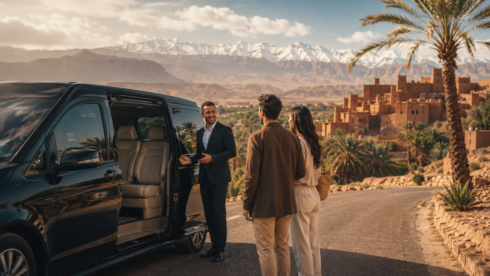 Route marocaine avec véhicule de transport touristique